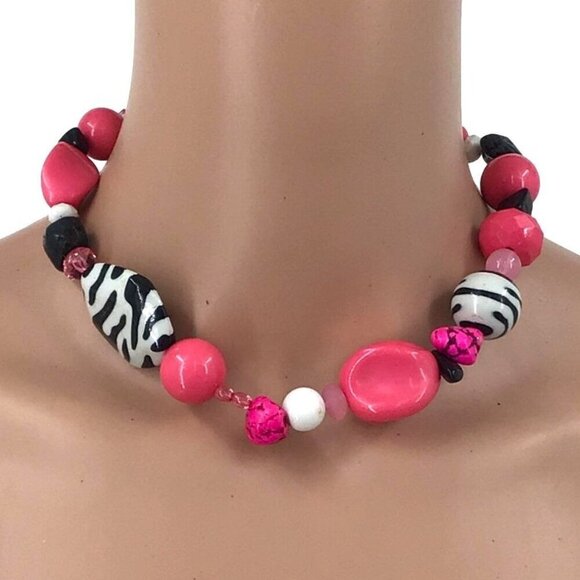You and I Necklace Funky Fun Bold Pink Black Zebra Print Beads - Picture 1 of 3